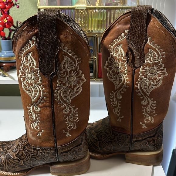 Rancho Grande Hand Tooled Brown Leather Square Toe Cowgirl Western Boots Size 6 - Picture 3 of 6